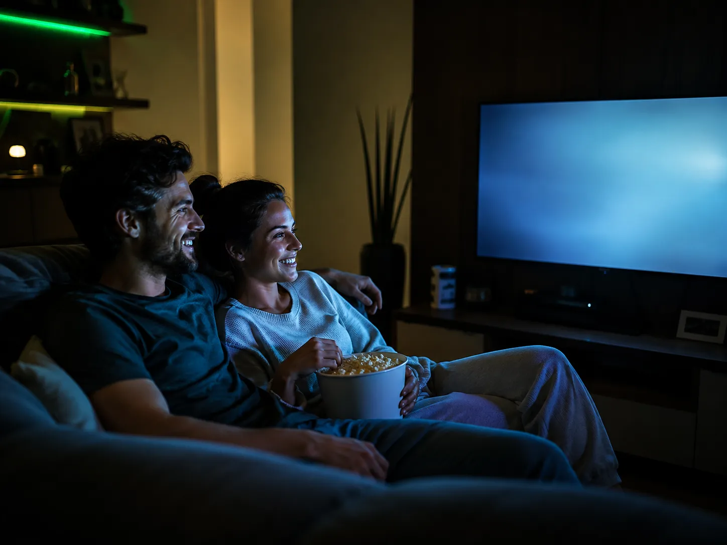 Casal no sofá à noite assistindo filme na TV com pipoca, em ambiente aconchegante.
