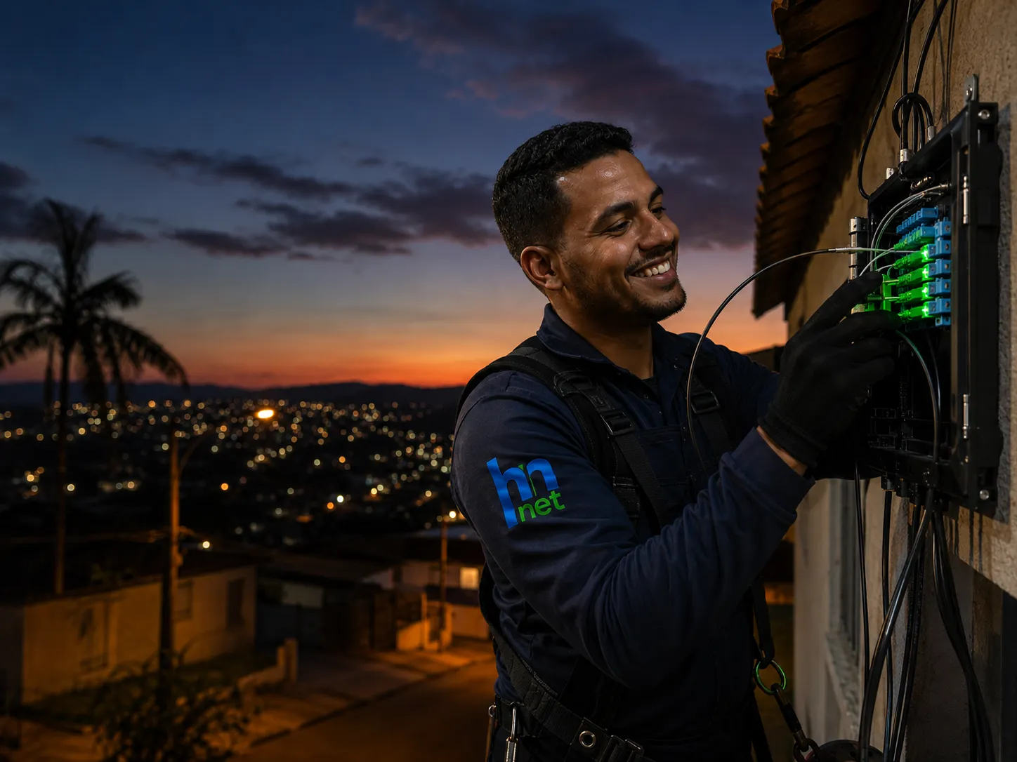Técnico da HNNET sorridente instalando fibra óptica na fachada de uma casa ao anoitecer, com a cidade ao fundo.